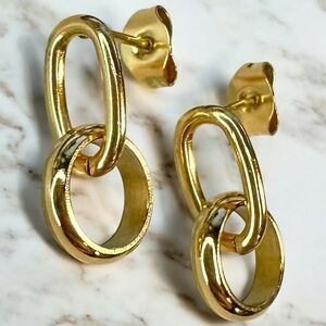 NEW Yellow Gold-Plated Stainless Steel Double Link Stud Back Drop Earrings